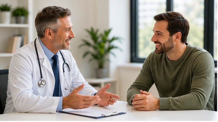 Doctor speaking with male patient about erectile dysfunction and weight loss